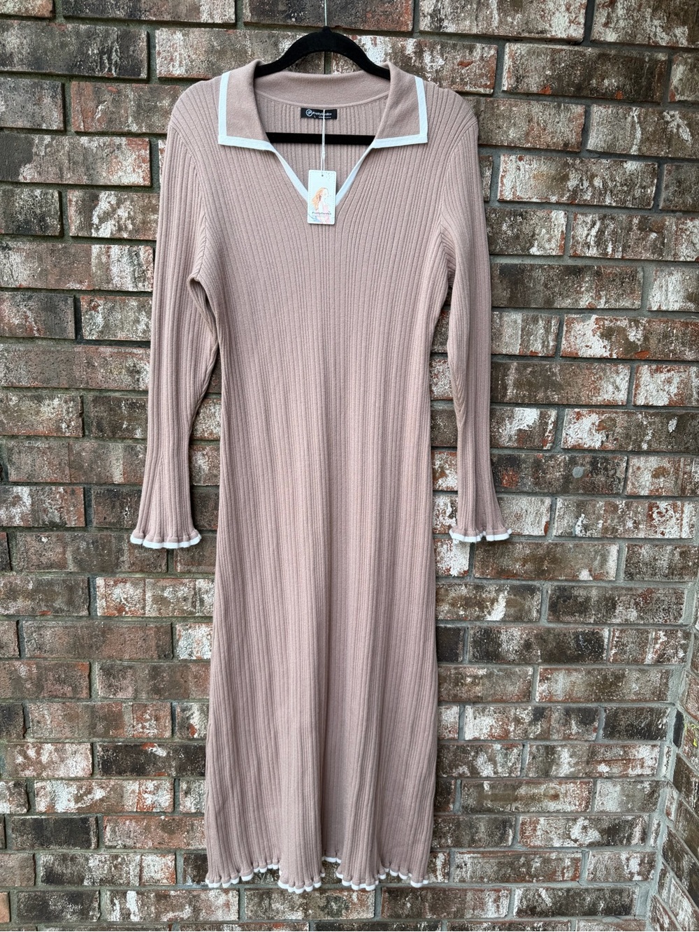 NWT Ribbed Polo Collar Midi Dress in Taupe with White Trim